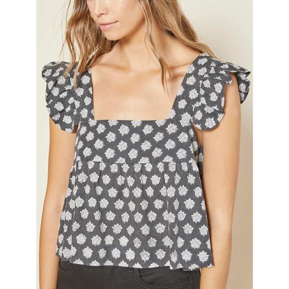 Outerknown Astrid Floral Ruffle Flutter Sleeve Blouse Top Gray Women's M NWT - Picture 1 of 11